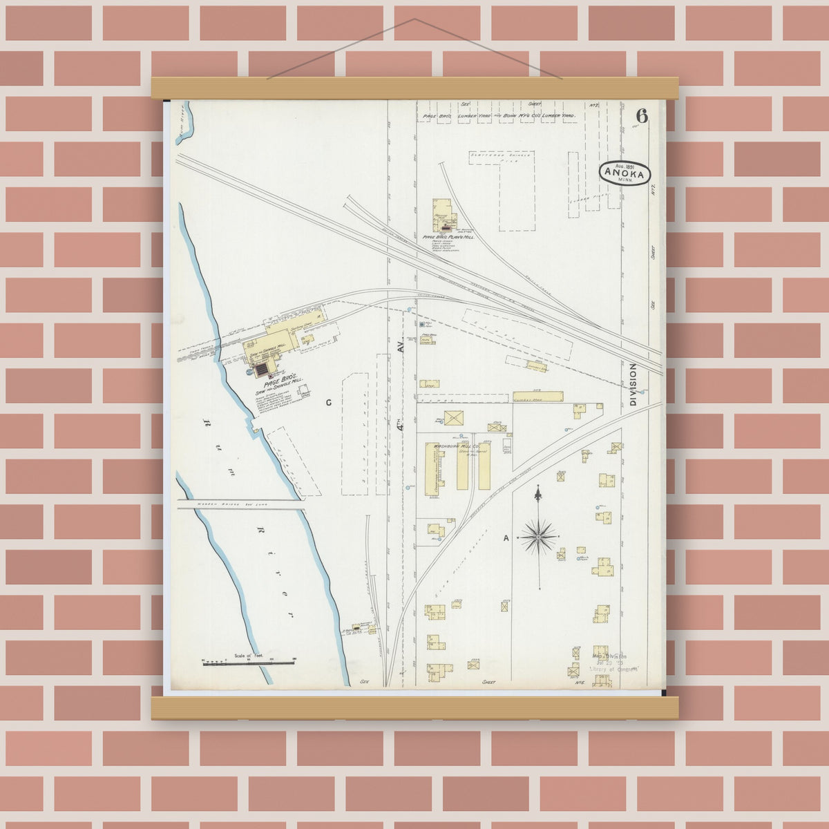 Old map wall art mockup — magnetic wood frame on brick wall — Sanborn Fire Insurance Map from Anoka, Anoka County, Minnesota (1891), Sheet #0006