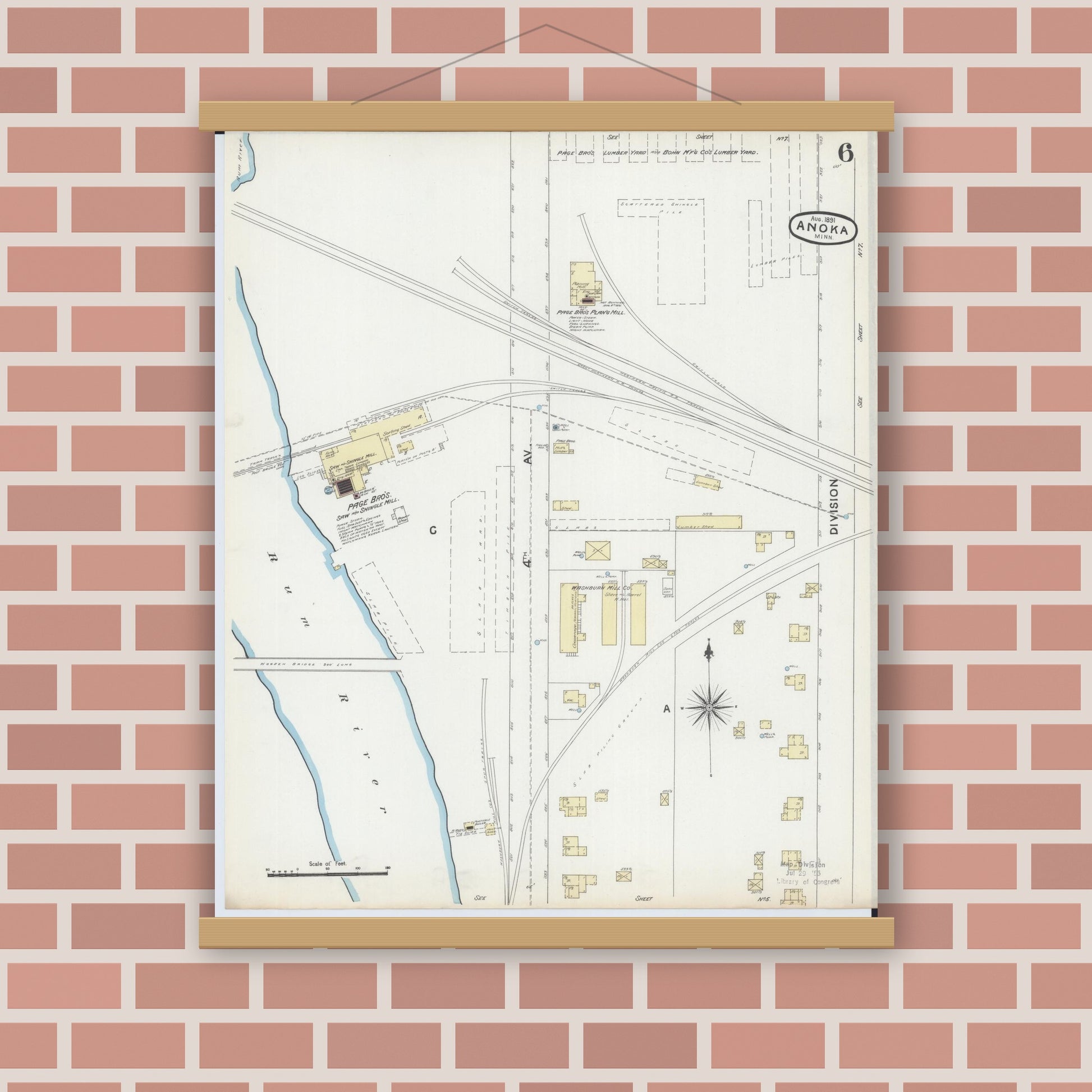 Old map wall art mockup — magnetic wood frame on brick wall — Sanborn Fire Insurance Map from Anoka, Anoka County, Minnesota (1891), Sheet #0006
