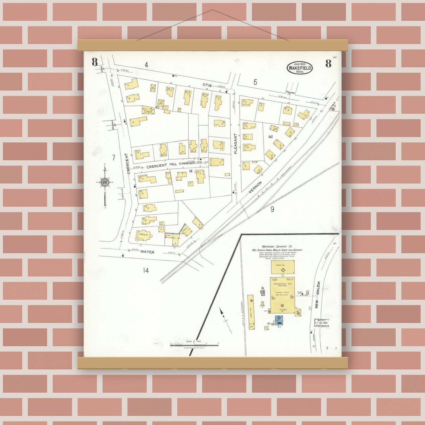 Old map wall art mockup — magnetic wood frame on brick wall — Sanborn Fire Insurance Map from Wakefield, Middlesex County, Massachusetts (1923), Sheet #0008