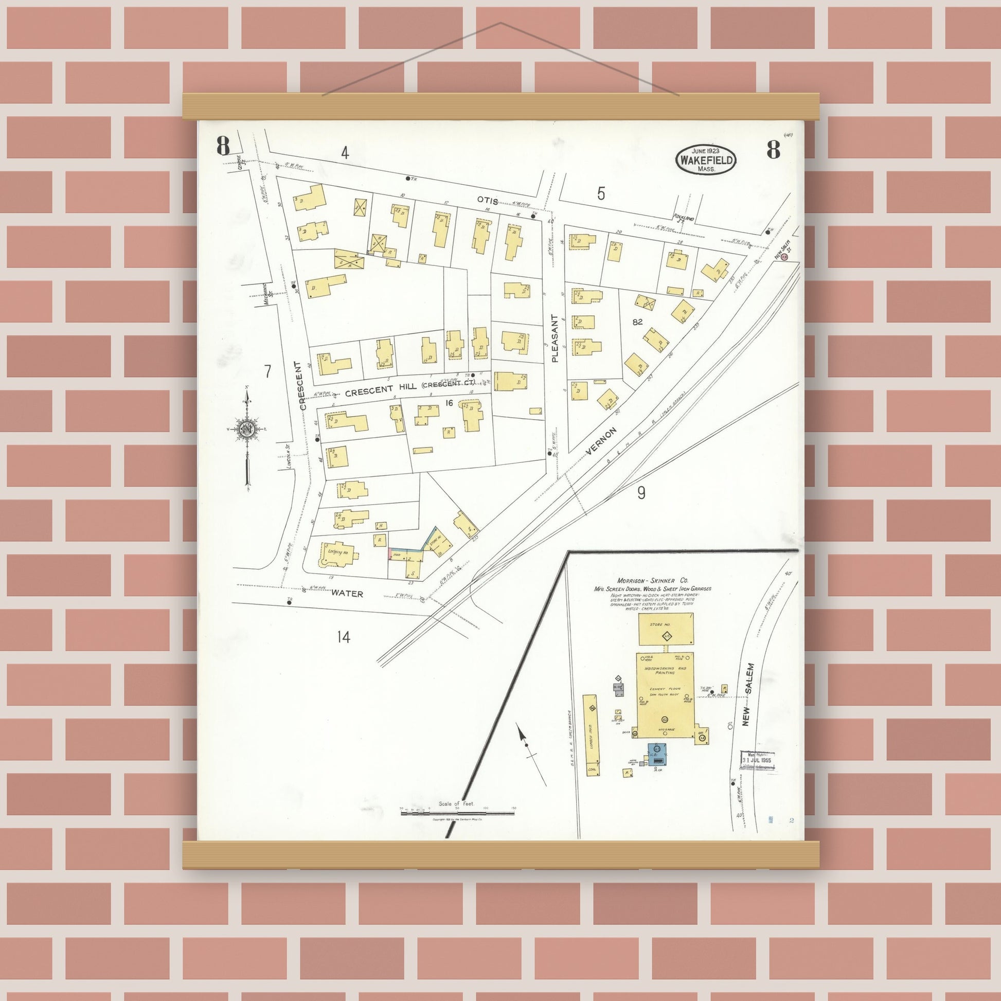 Old map wall art mockup — magnetic wood frame on brick wall — Sanborn Fire Insurance Map from Wakefield, Middlesex County, Massachusetts (1923), Sheet #0008
