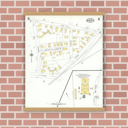 Old map wall art mockup — magnetic wood frame on brick wall — Sanborn Fire Insurance Map from Wakefield, Middlesex County, Massachusetts (1923), Sheet #0008