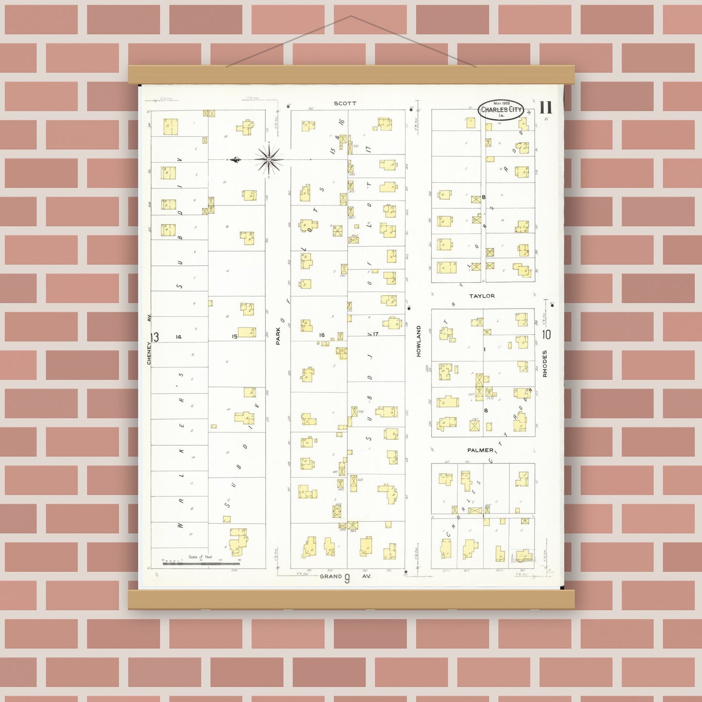 Old map wall art mockup — magnetic wood frame on brick wall — Sanborn Fire Insurance Map from Charles City, Floyd County, Iowa (1909), Sheet #0011