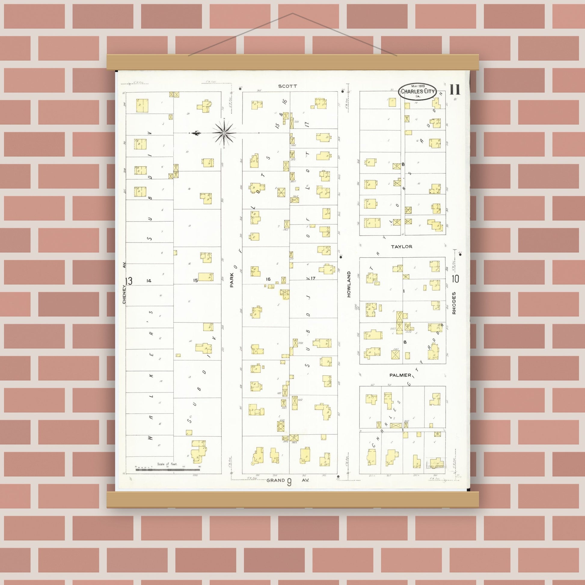 Old map wall art mockup — magnetic wood frame on brick wall — Sanborn Fire Insurance Map from Charles City, Floyd County, Iowa (1909), Sheet #0011