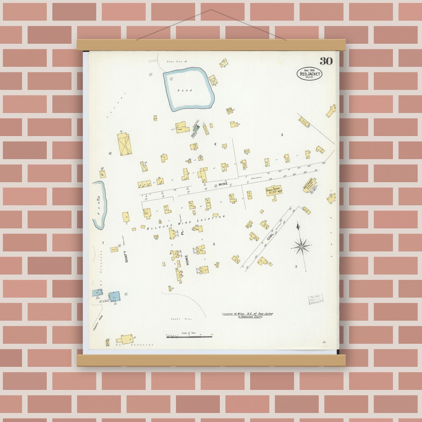 Old map wall art mockup — magnetic wood frame on brick wall — Sanborn Fire Insurance Map from Red Jacket, Houghton County, Michigan (1908), Sheet #0030