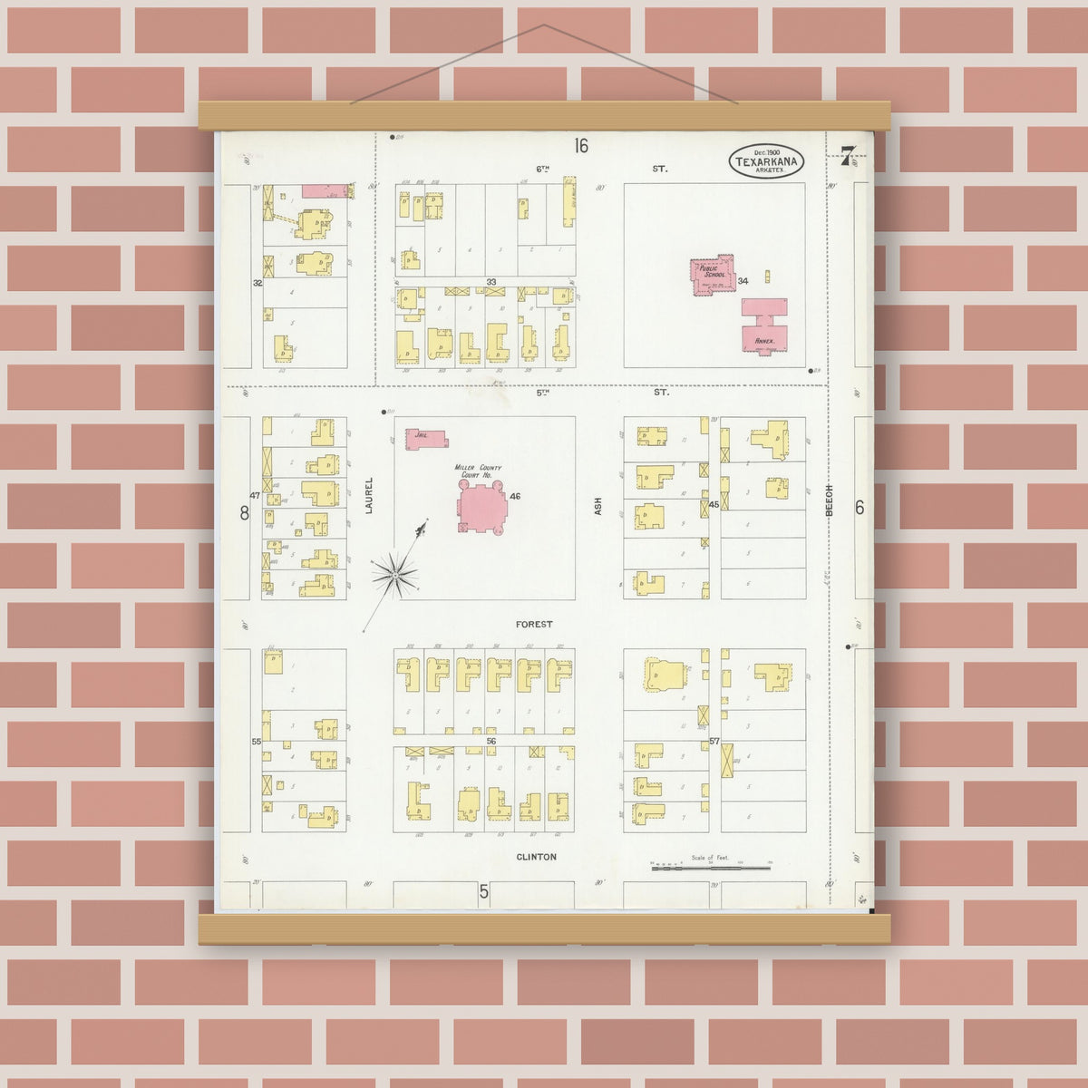 Old map wall art mockup — magnetic wood frame on brick wall — Sanborn Fire Insurance Map from Texarkana, Bowie County, Texas (1900), Sheet #0007