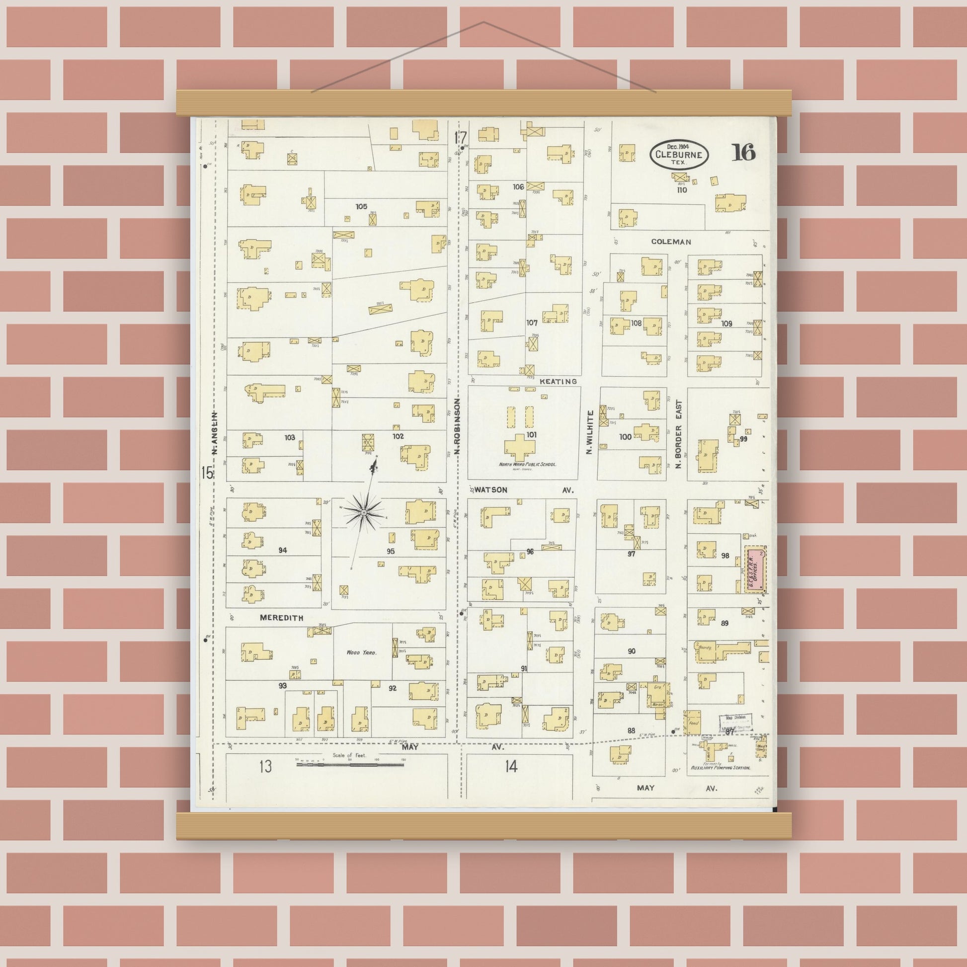 Old map wall art mockup — magnetic wood frame on brick wall — Sanborn Fire Insurance Map from Cleburne, Johnson County, Texas (1904), Sheet #0016