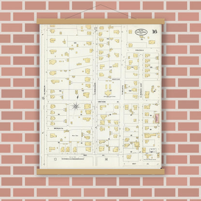 Old map wall art mockup — magnetic wood frame on brick wall — Sanborn Fire Insurance Map from Cleburne, Johnson County, Texas (1904), Sheet #0016