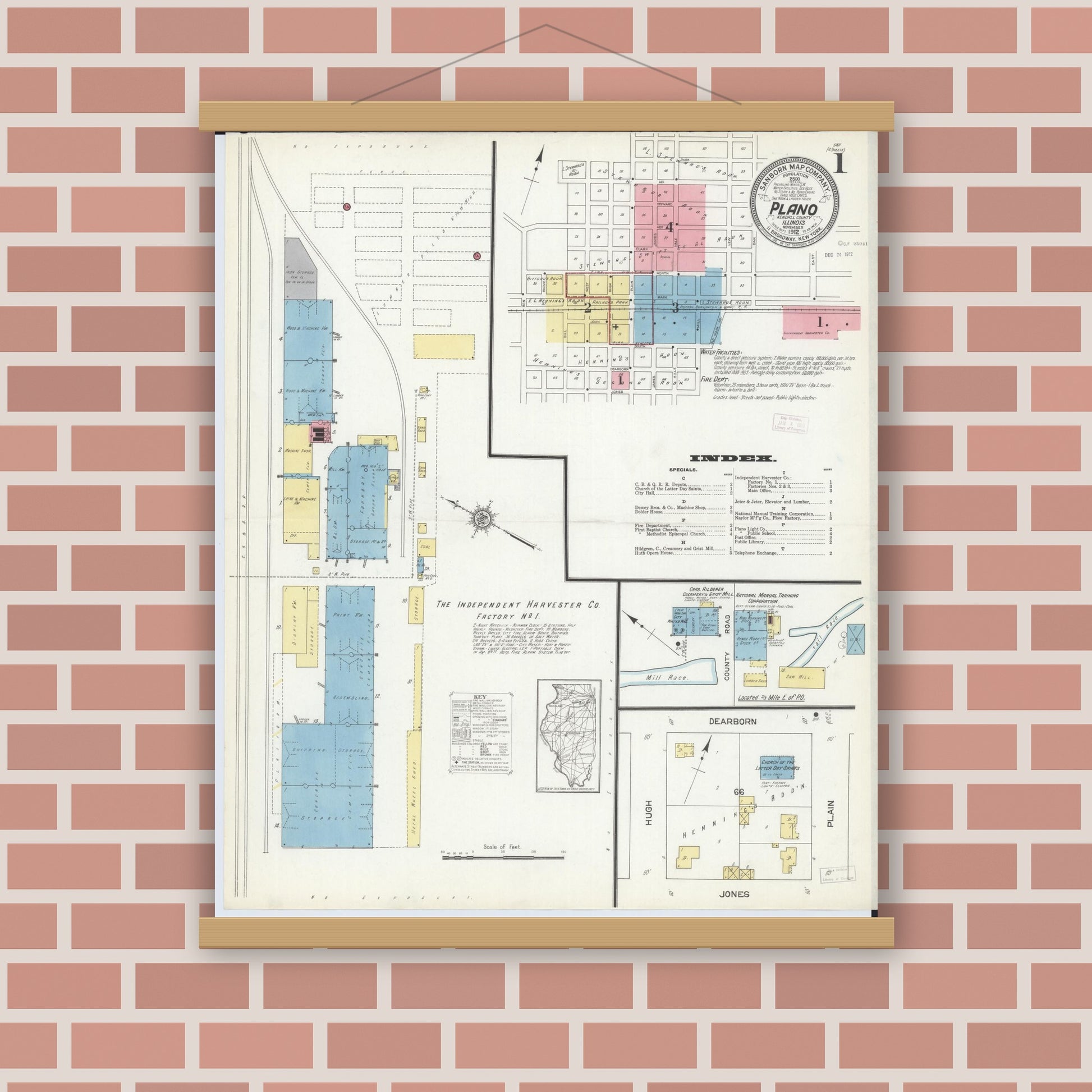 Old map wall art mockup — magnetic wood frame on brick wall — Sanborn Fire Insurance Map from Plano, Kendall County, Illinois (1912) - Complete Map Set