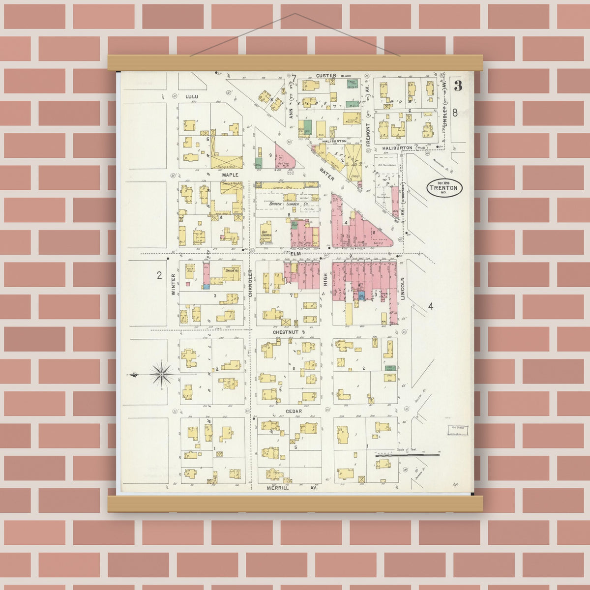 Old map wall art mockup — magnetic wood frame on brick wall — Sanborn Fire Insurance Map from Trenton, Grundy County, Missouri (1898), Sheet #0003