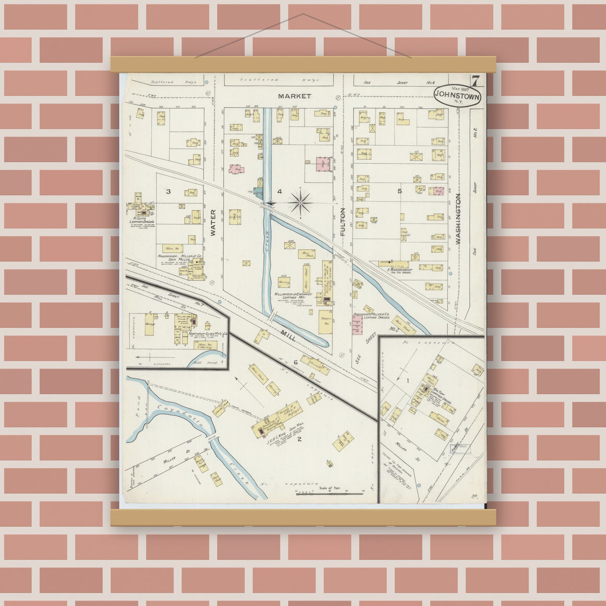 Old map wall art mockup — magnetic wood frame on brick wall — Sanborn Fire Insurance Map from Johnstown, Fulton County, New York (1887), Sheet #0007