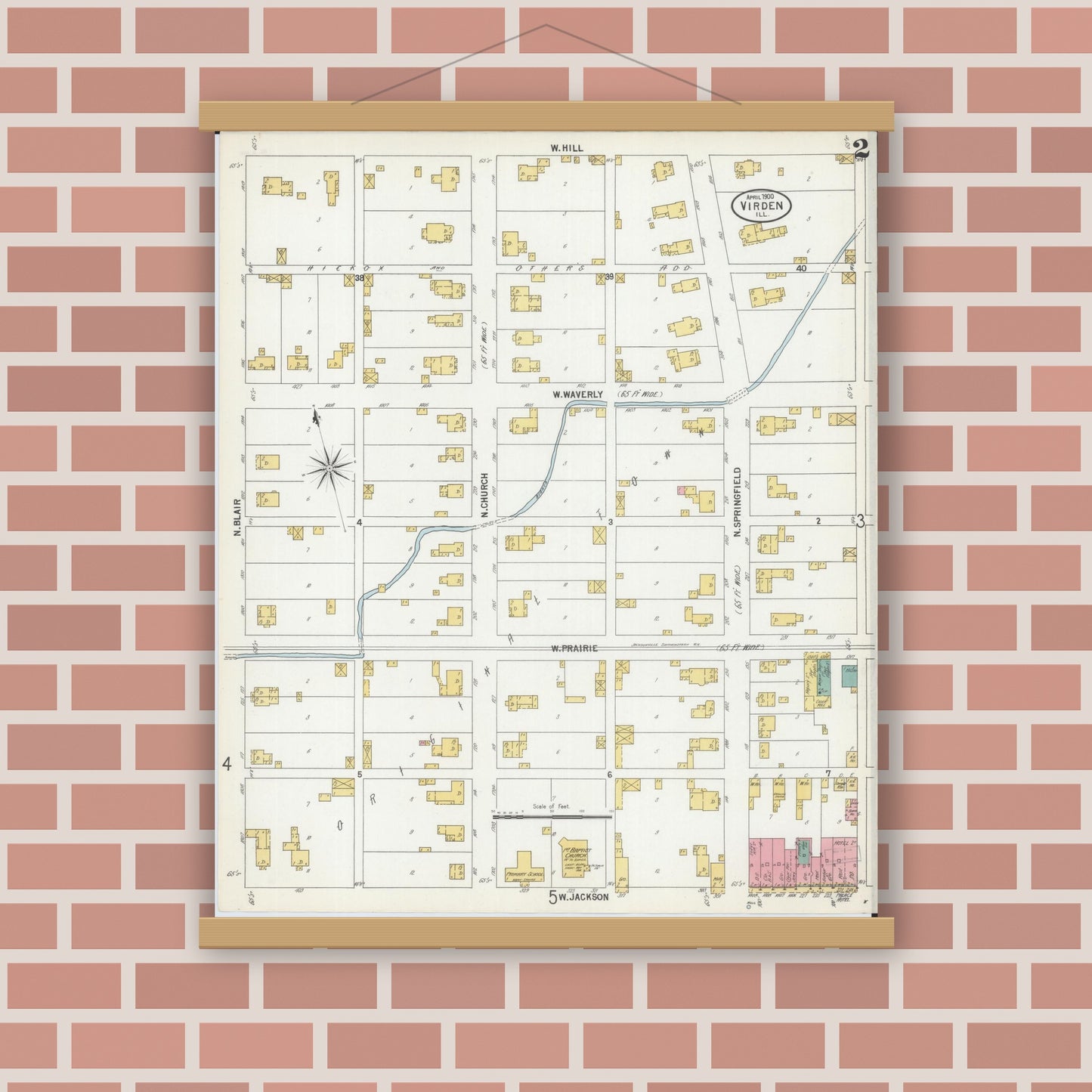Old map wall art mockup — magnetic wood frame on brick wall — Sanborn Fire Insurance Map from Virden, Macoupin County, Illinois (1900), Sheet #0002