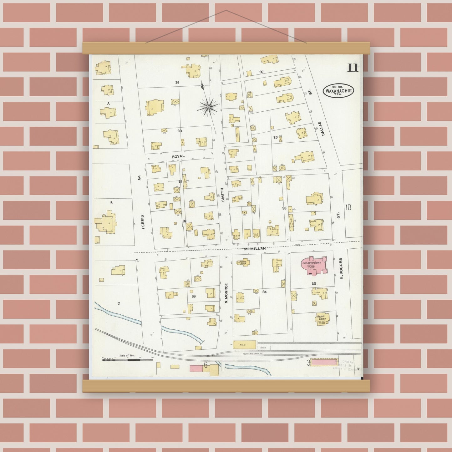 Old map wall art mockup — magnetic wood frame on brick wall — Sanborn Fire Insurance Map from Waxahachie, Ellis County, Texas (1904), Sheet #0011