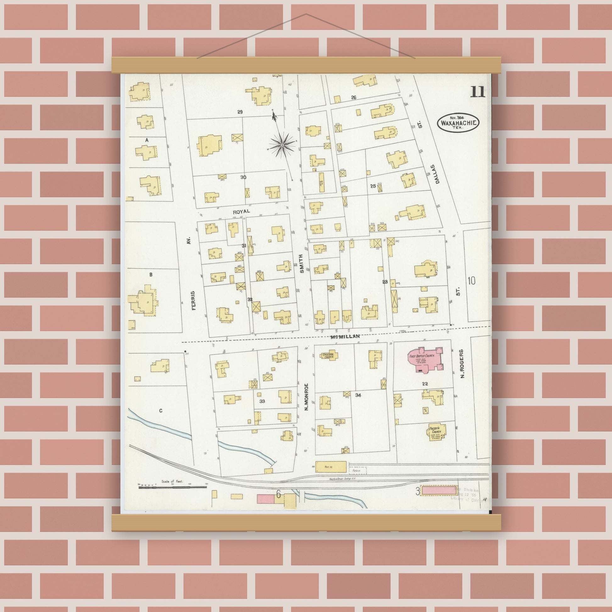 Old map wall art mockup — magnetic wood frame on brick wall — Sanborn Fire Insurance Map from Waxahachie, Ellis County, Texas (1904), Sheet #0011