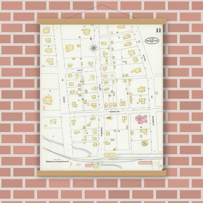 Old map wall art mockup — magnetic wood frame on brick wall — Sanborn Fire Insurance Map from Waxahachie, Ellis County, Texas (1904), Sheet #0011