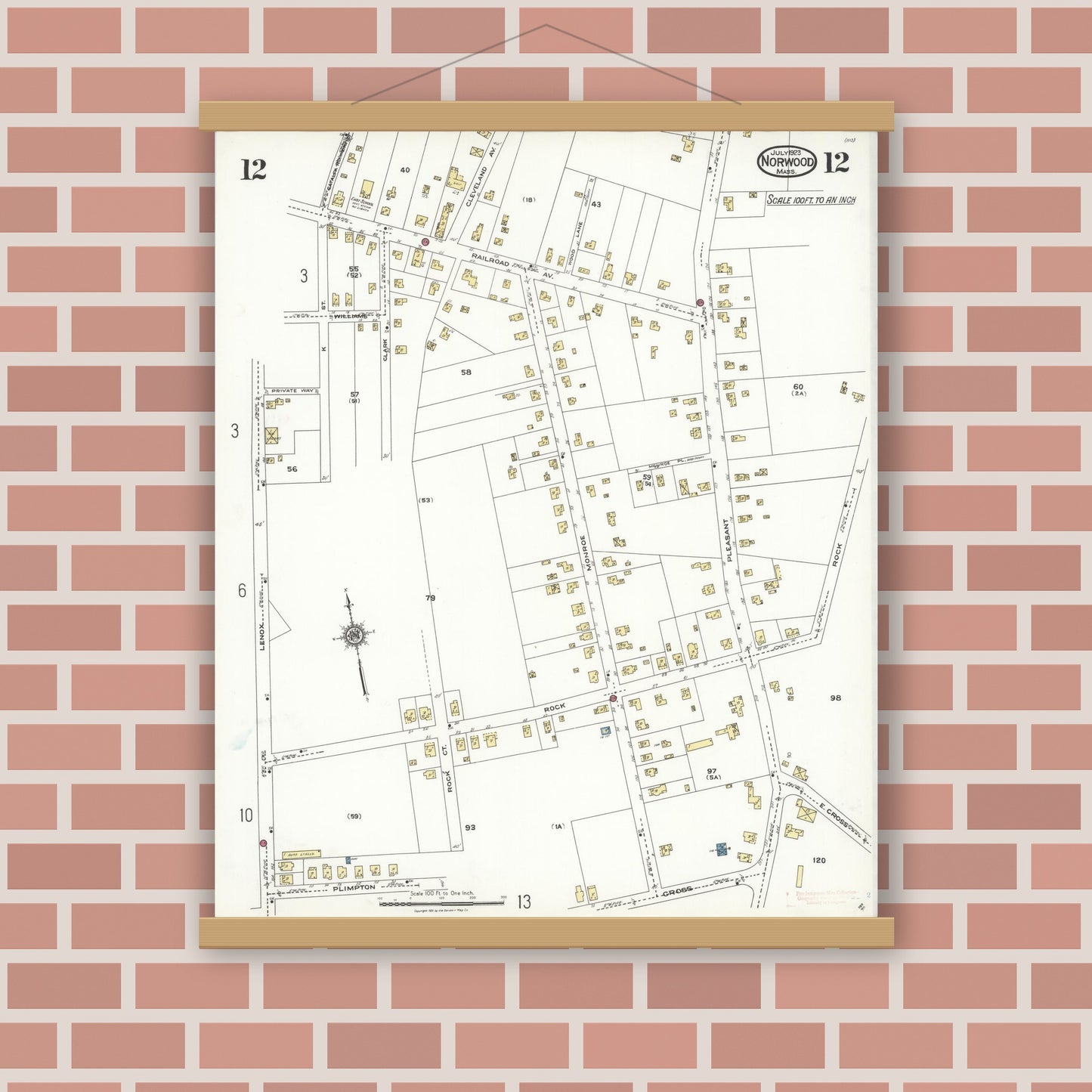 Old map wall art mockup — magnetic wood frame on brick wall — Sanborn Fire Insurance Map from Norwood, Norfolk County, Massachusetts (1923), Sheet #0012