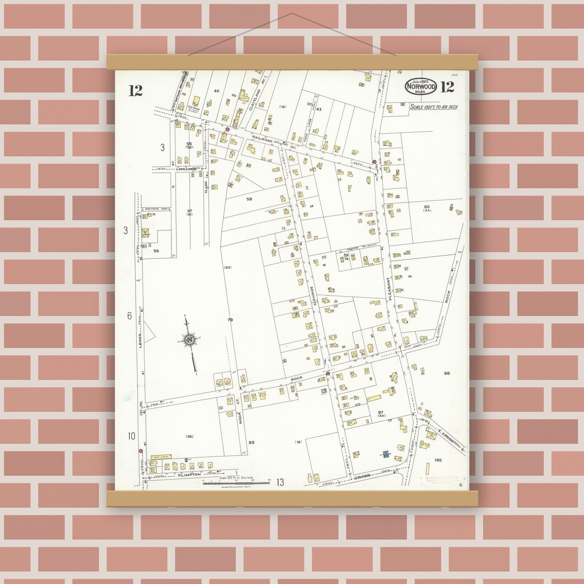 Old map wall art mockup — magnetic wood frame on brick wall — Sanborn Fire Insurance Map from Norwood, Norfolk County, Massachusetts (1923), Sheet #0012