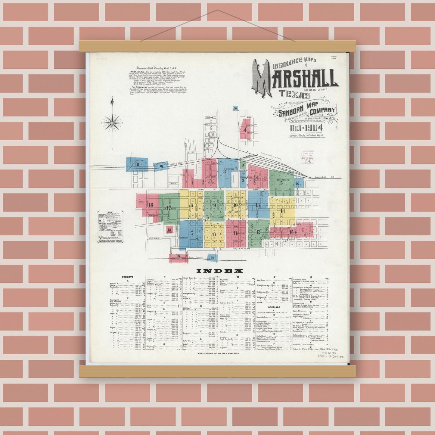Old map wall art mockup — magnetic wood frame on brick wall — Sanborn Fire Insurance Map from Marshall, Harrison County, Texas (1904), Sheet #0001