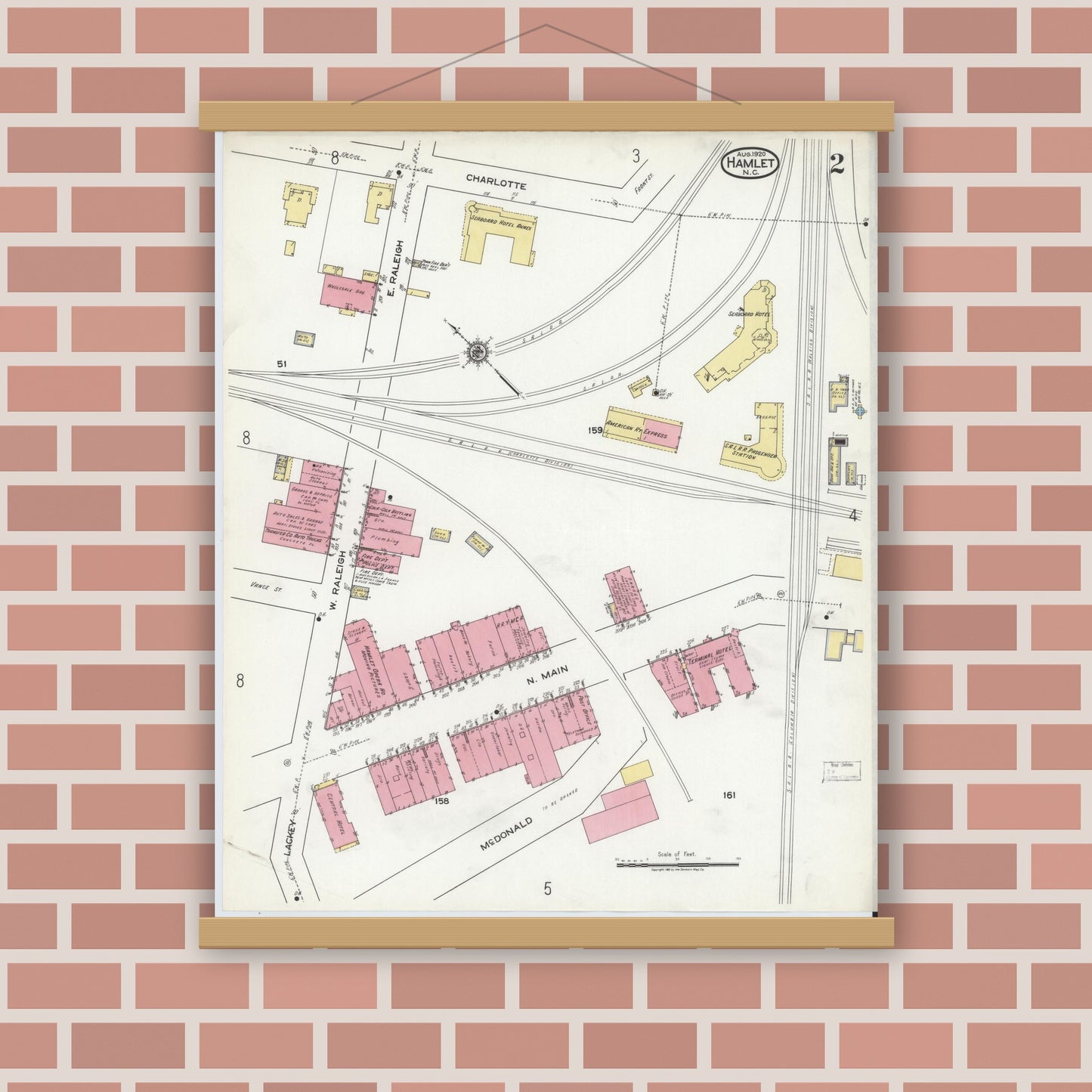 Old map wall art mockup — magnetic wood frame on brick wall — Sanborn Fire Insurance Map from Hamlet, Richmond County, North Carolina (1920), Sheet #0002