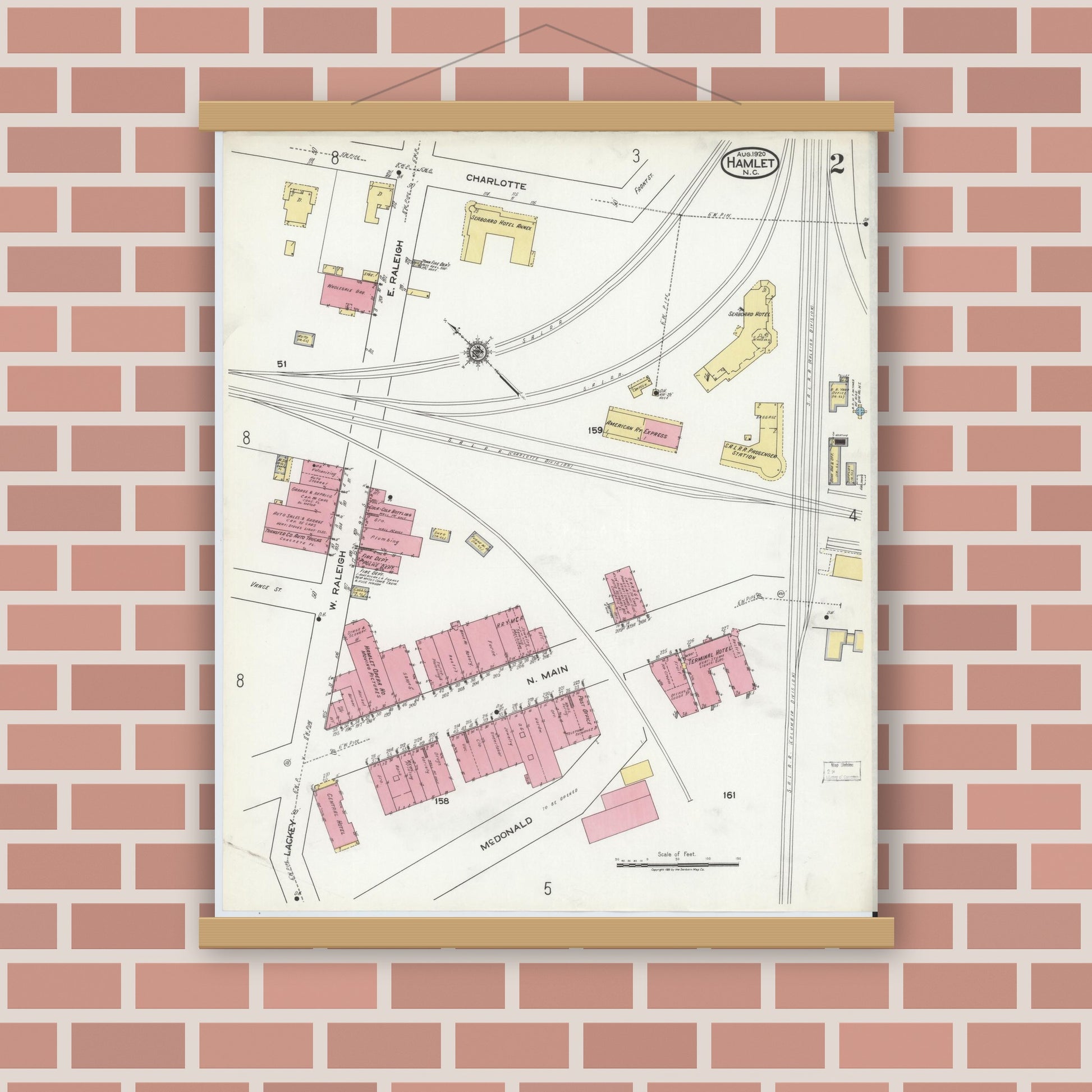 Old map wall art mockup — magnetic wood frame on brick wall — Sanborn Fire Insurance Map from Hamlet, Richmond County, North Carolina (1920), Sheet #0002