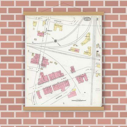 Old map wall art mockup — magnetic wood frame on brick wall — Sanborn Fire Insurance Map from Hamlet, Richmond County, North Carolina (1920), Sheet #0002