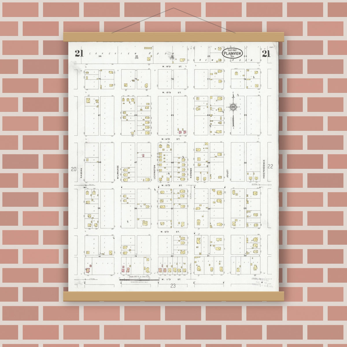 Old map wall art mockup — magnetic wood frame on brick wall — Sanborn Fire Insurance Map from Plainview, Hale County, Texas (1927), Sheet #0021
