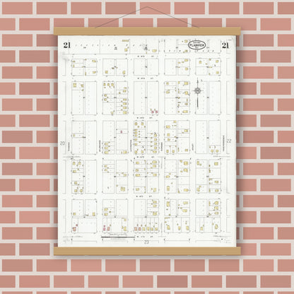 Old map wall art mockup — magnetic wood frame on brick wall — Sanborn Fire Insurance Map from Plainview, Hale County, Texas (1927), Sheet #0021