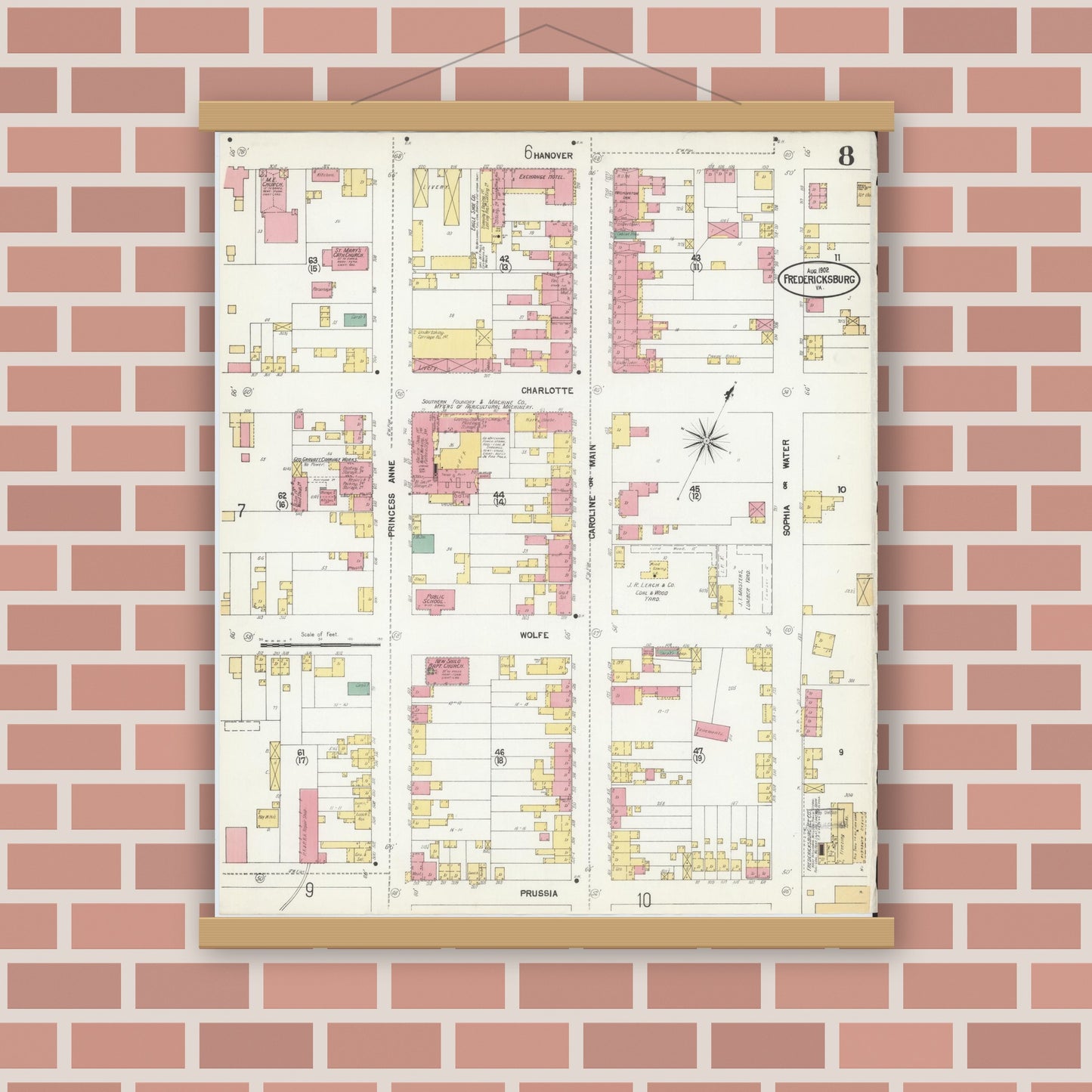 Old map wall art mockup — magnetic wood frame on brick wall — Sanborn Fire Insurance Map from Fredericksburg, Independent Cities, Virginia (1902), Sheet #0008