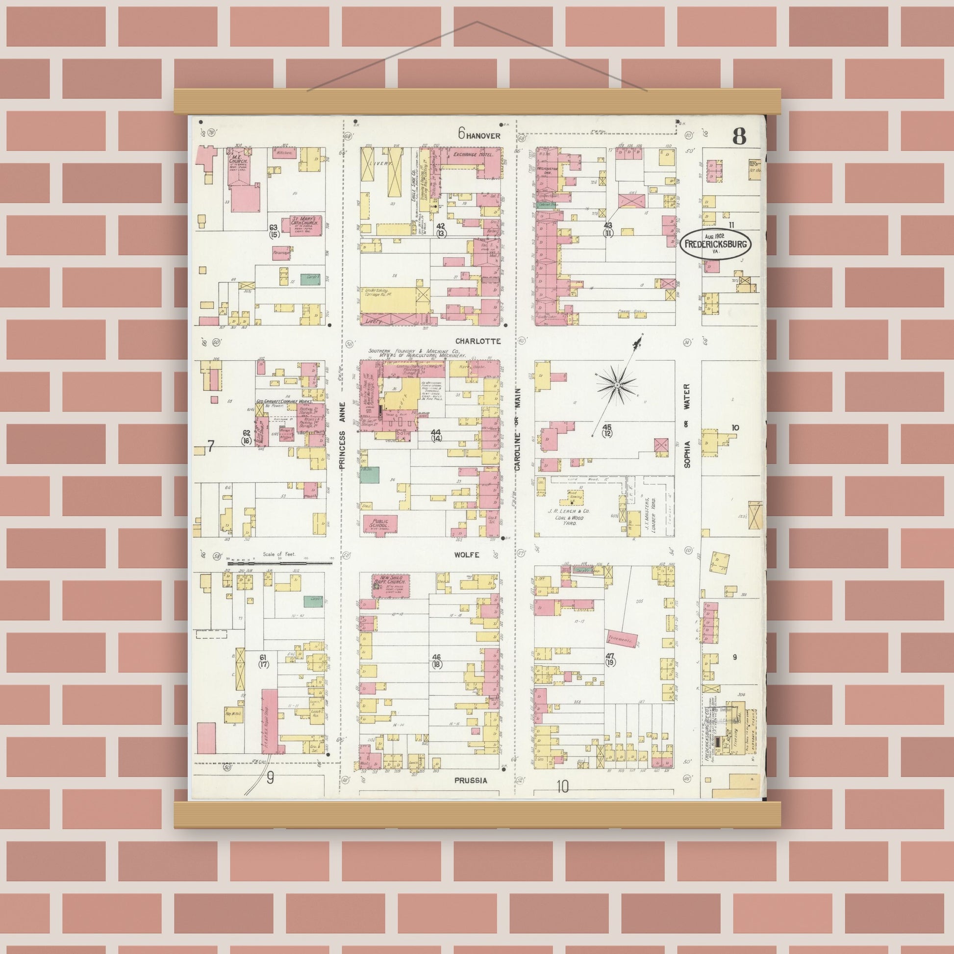 Old map wall art mockup — magnetic wood frame on brick wall — Sanborn Fire Insurance Map from Fredericksburg, Independent Cities, Virginia (1902), Sheet #0008