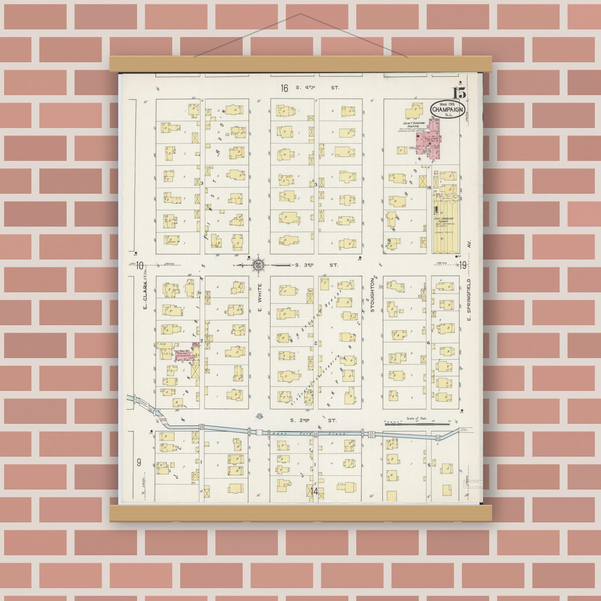 Old map wall art mockup — magnetic wood frame on brick wall — Sanborn Fire Insurance Map from Champaign, Champaign County, Illinois (1915), Sheet #0015