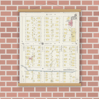 Old map wall art mockup — magnetic wood frame on brick wall — Sanborn Fire Insurance Map from Champaign, Champaign County, Illinois (1915), Sheet #0015