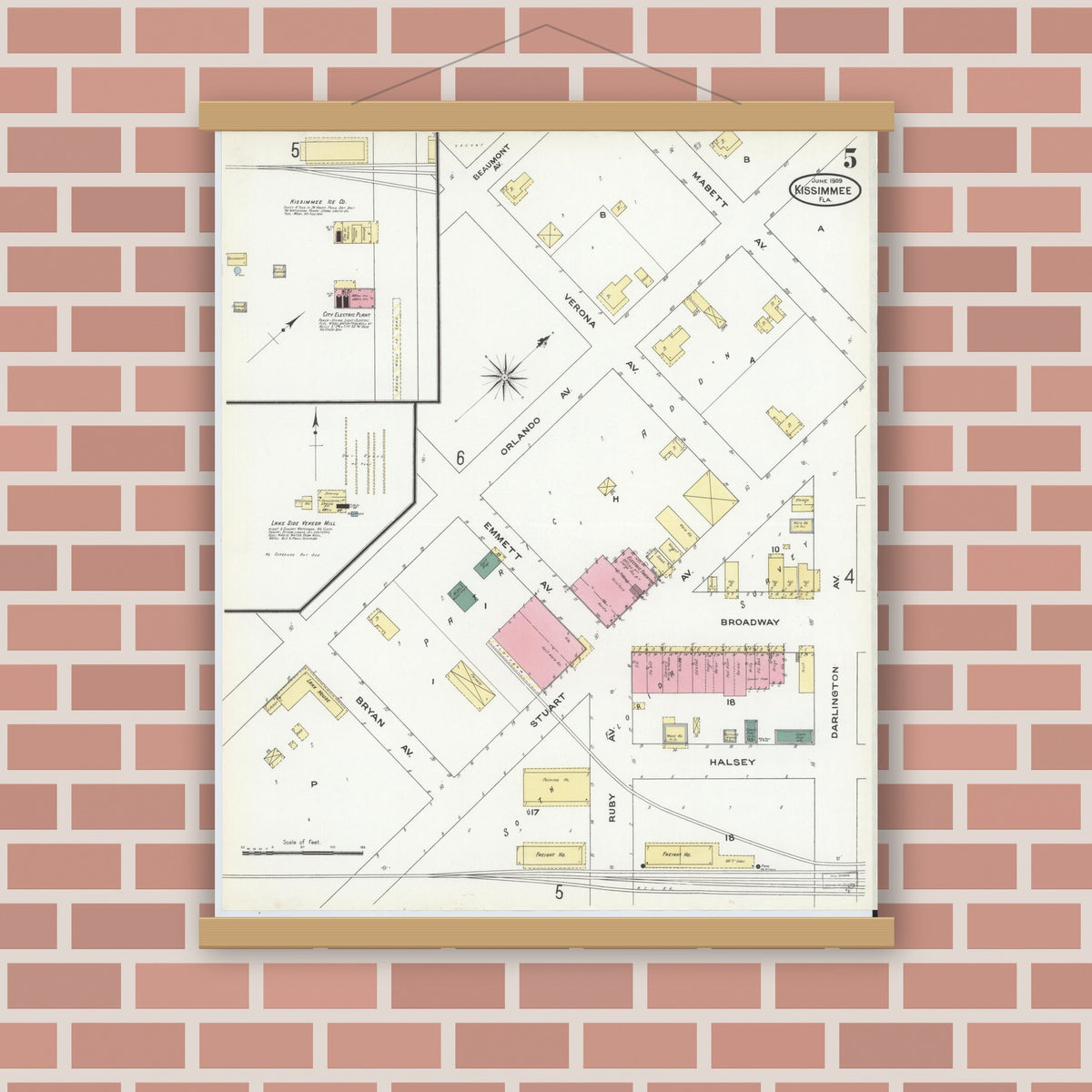 Old map wall art mockup — magnetic wood frame on brick wall — Sanborn Fire Insurance Map from Kissimmee, Osceola County, Florida (1909), Sheet #0005