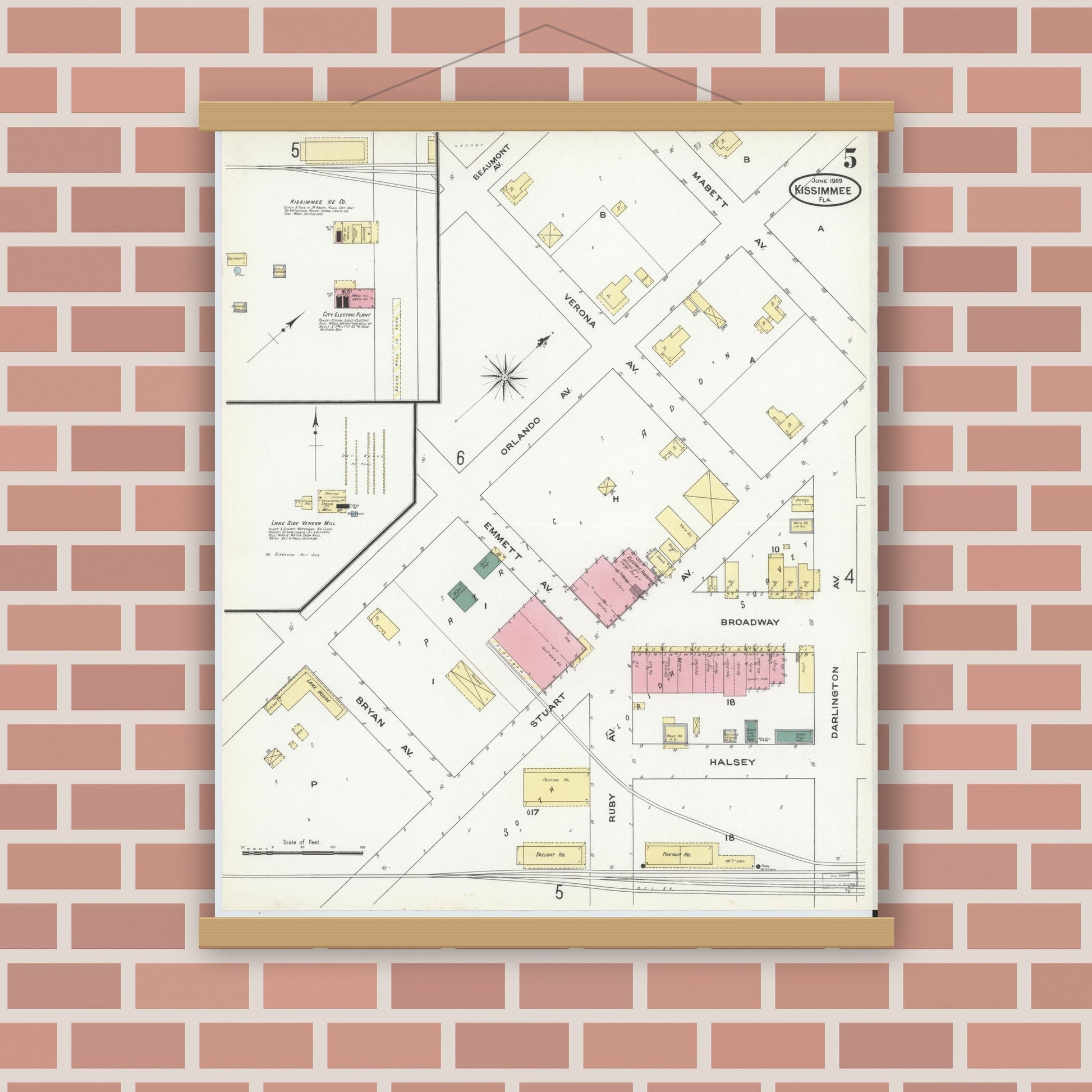 Old map wall art mockup — magnetic wood frame on brick wall — Sanborn Fire Insurance Map from Kissimmee, Osceola County, Florida (1909), Sheet #0005