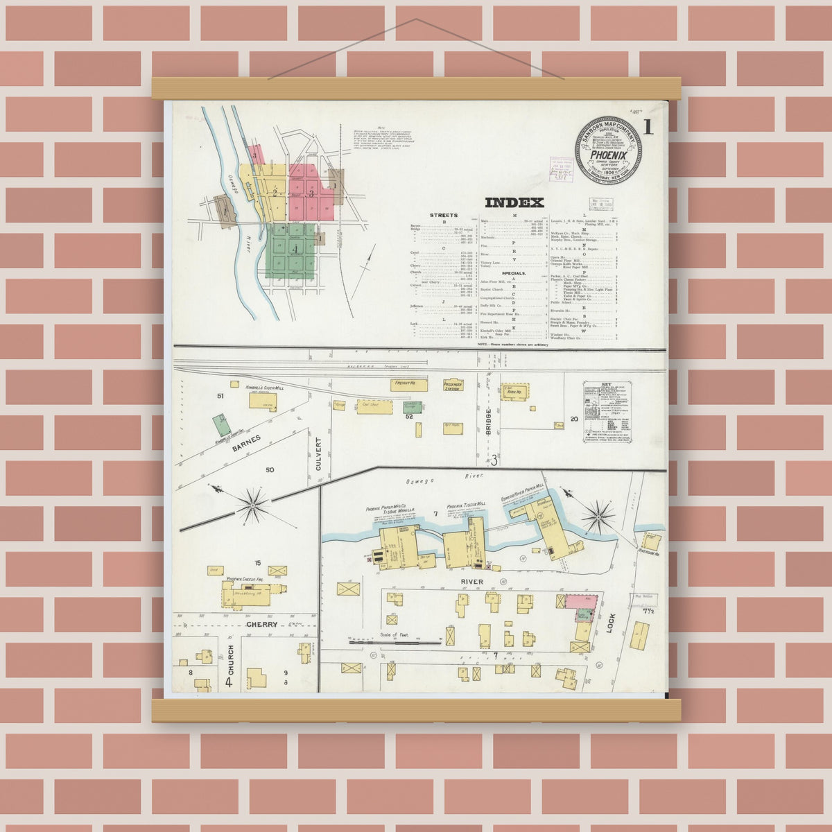 Old map wall art mockup — magnetic wood frame on brick wall — Sanborn Fire Insurance Map from Phoenix, Oswego County, New York (1904) - Complete Map Set