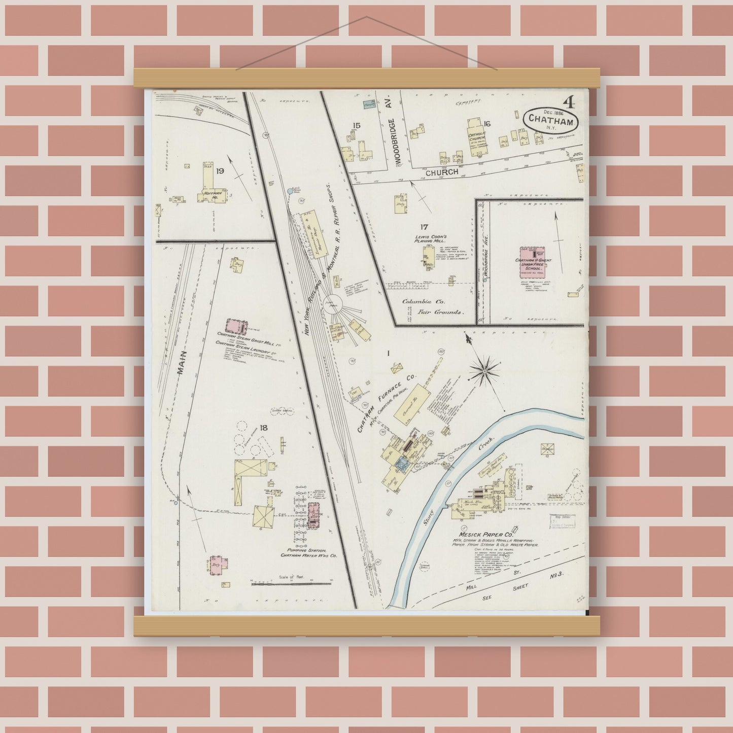 Old map wall art mockup — magnetic wood frame on brick wall — Sanborn Fire Insurance Map from Chatham, Columbia County, New York (1886), Sheet #0004