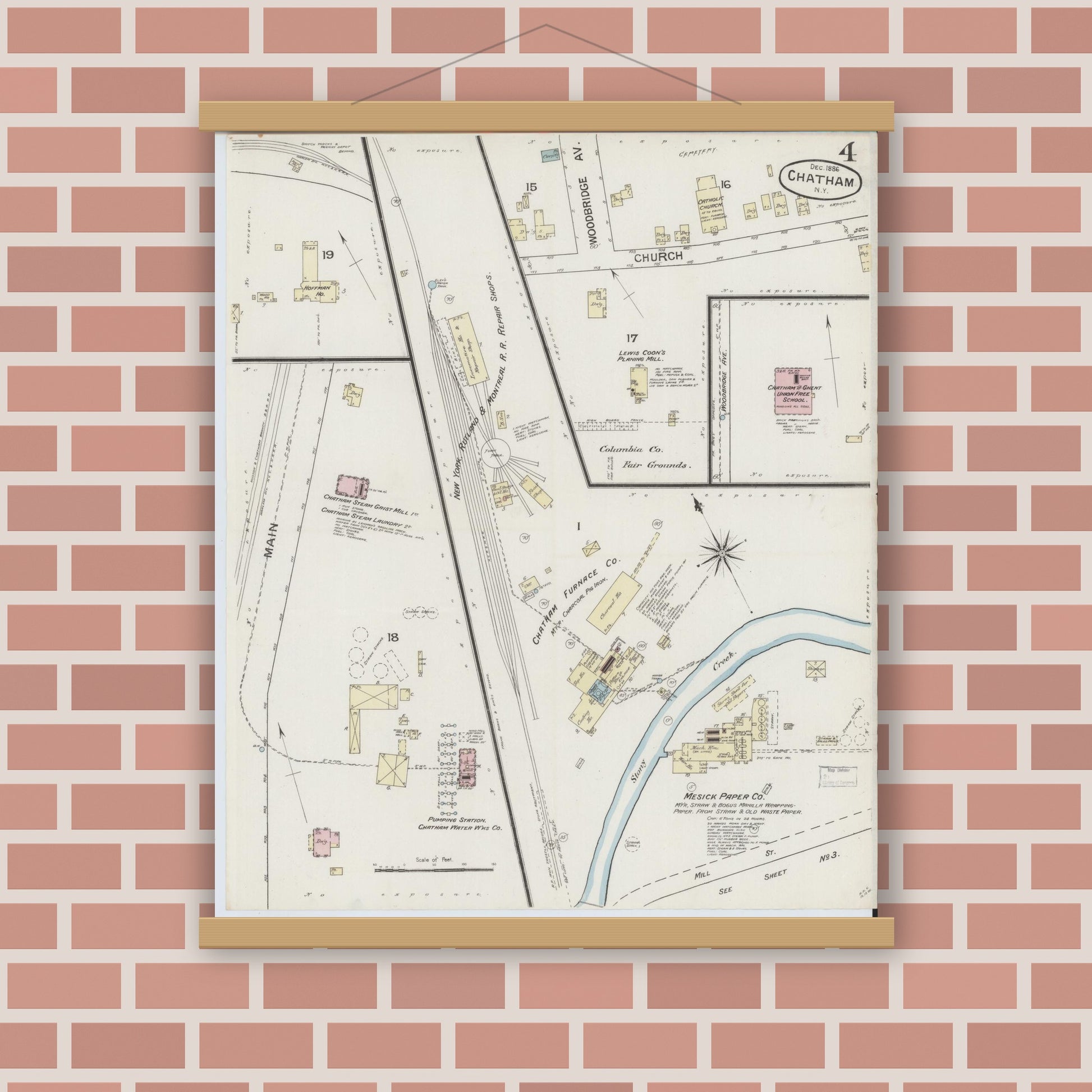 Old map wall art mockup — magnetic wood frame on brick wall — Sanborn Fire Insurance Map from Chatham, Columbia County, New York (1886), Sheet #0004