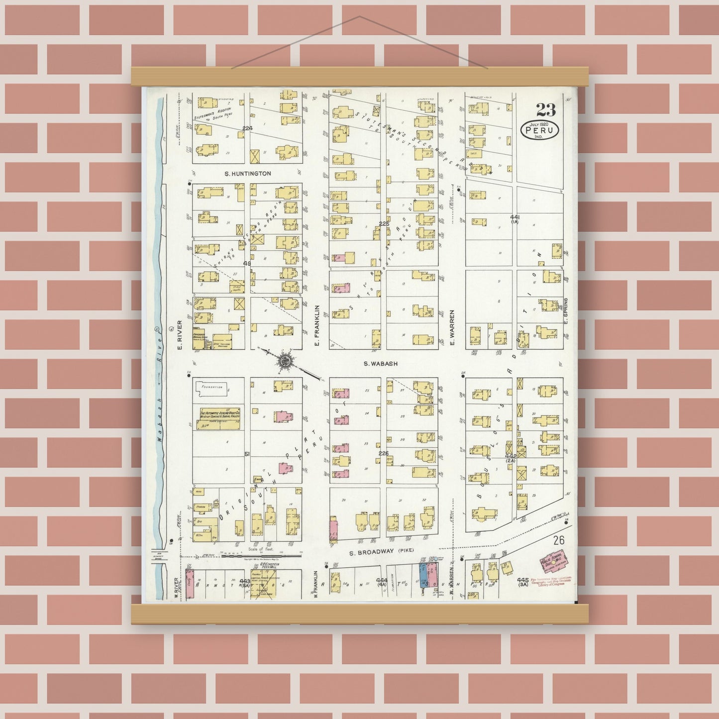 Old map wall art mockup — magnetic wood frame on brick wall — Sanborn Fire Insurance Map from Peru, Miami County, Indiana (1920), Sheet #0023