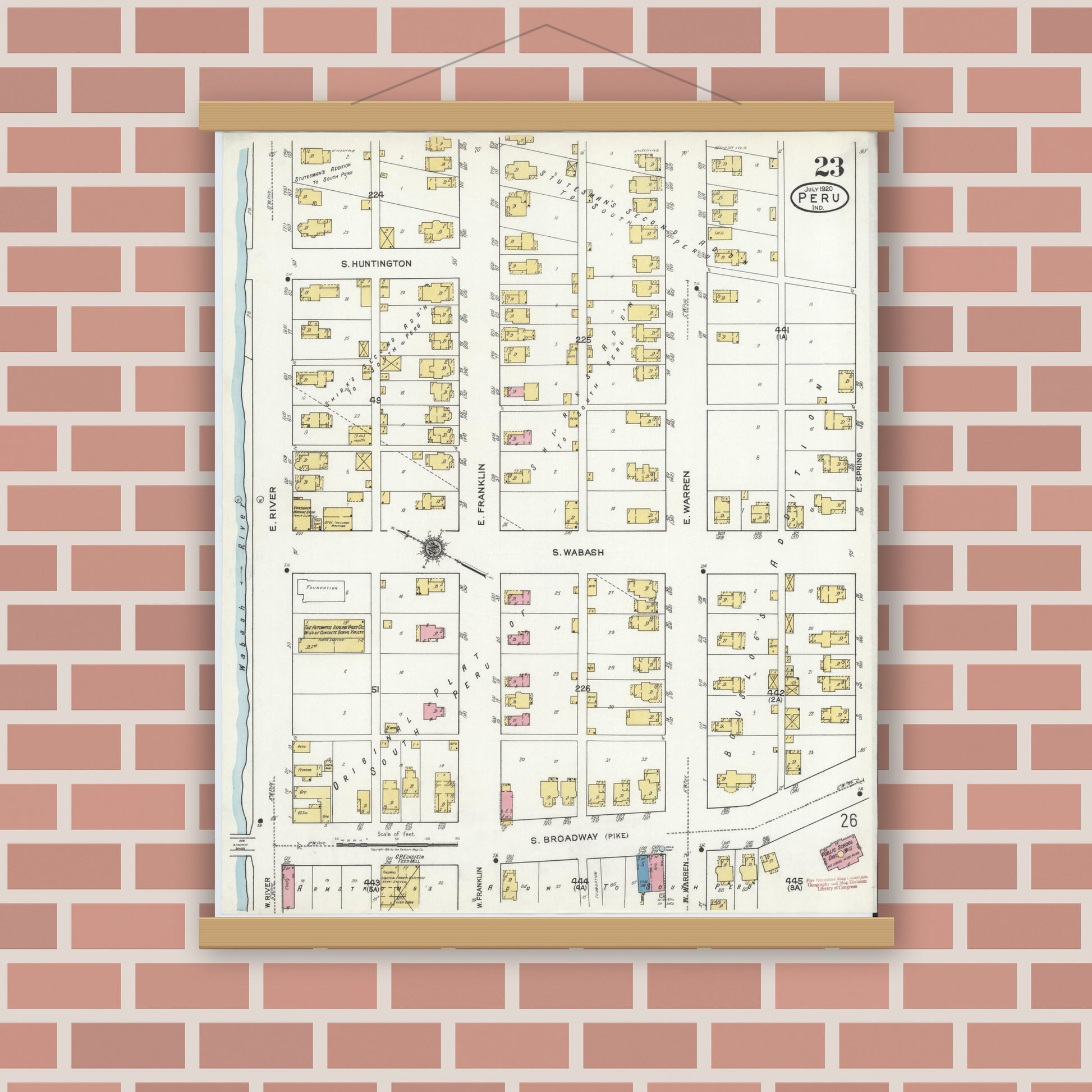 Old map wall art mockup — magnetic wood frame on brick wall — Sanborn Fire Insurance Map from Peru, Miami County, Indiana (1920), Sheet #0023