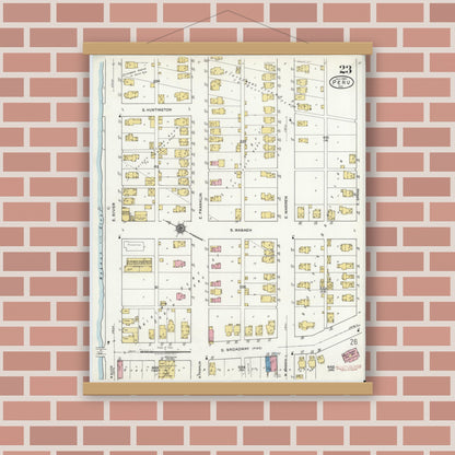 Old map wall art mockup — magnetic wood frame on brick wall — Sanborn Fire Insurance Map from Peru, Miami County, Indiana (1920), Sheet #0023