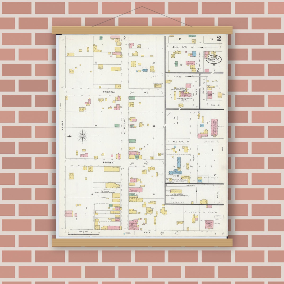 Old map wall art mockup — magnetic wood frame on brick wall — Sanborn Fire Insurance Map from Nauvoo, Hancock County, Illinois (1898), Sheet #0002
