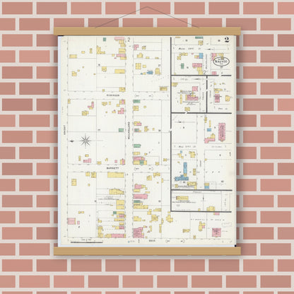 Old map wall art mockup — magnetic wood frame on brick wall — Sanborn Fire Insurance Map from Nauvoo, Hancock County, Illinois (1898), Sheet #0002