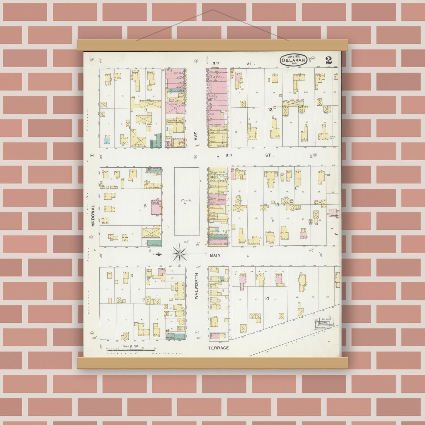 Old map wall art mockup — magnetic wood frame on brick wall — Sanborn Fire Insurance Map from Delavan, Walworth County, Wisconsin (1892), Sheet #0002