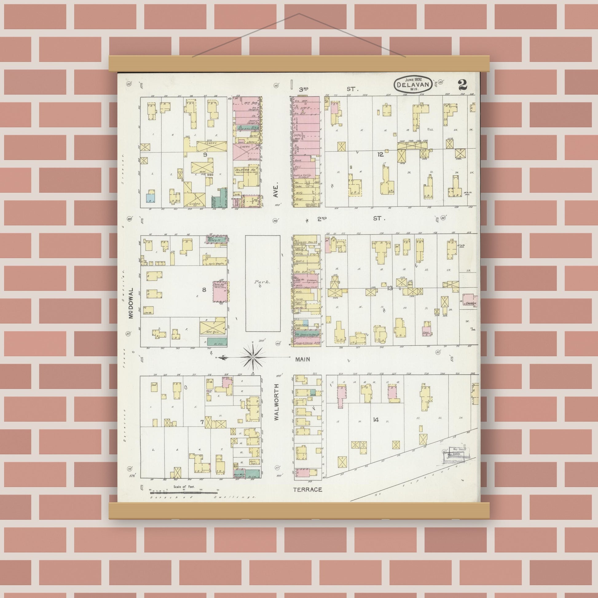 Old map wall art mockup — magnetic wood frame on brick wall — Sanborn Fire Insurance Map from Delavan, Walworth County, Wisconsin (1892), Sheet #0002