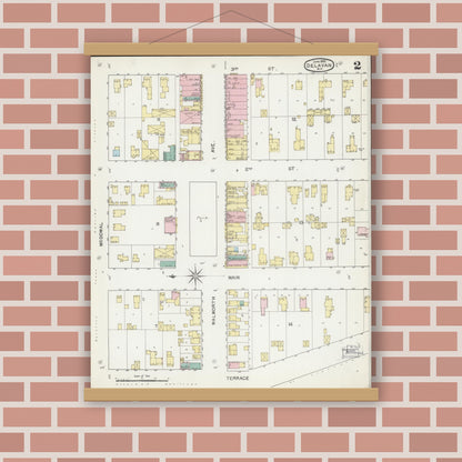 Old map wall art mockup — magnetic wood frame on brick wall — Sanborn Fire Insurance Map from Delavan, Walworth County, Wisconsin (1892), Sheet #0002