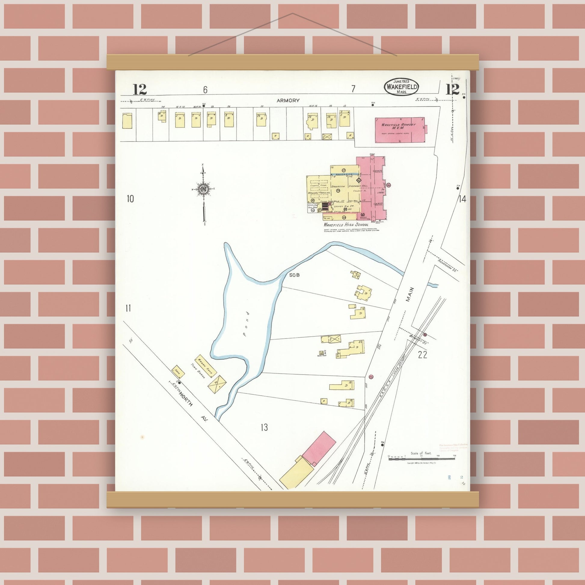 Old map wall art mockup — magnetic wood frame on brick wall — Sanborn Fire Insurance Map from Wakefield, Middlesex County, Massachusetts (1923), Sheet #0012