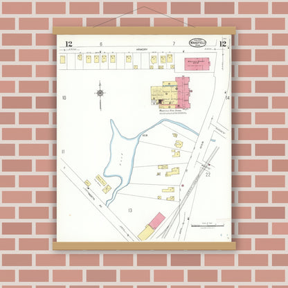 Old map wall art mockup — magnetic wood frame on brick wall — Sanborn Fire Insurance Map from Wakefield, Middlesex County, Massachusetts (1923), Sheet #0012