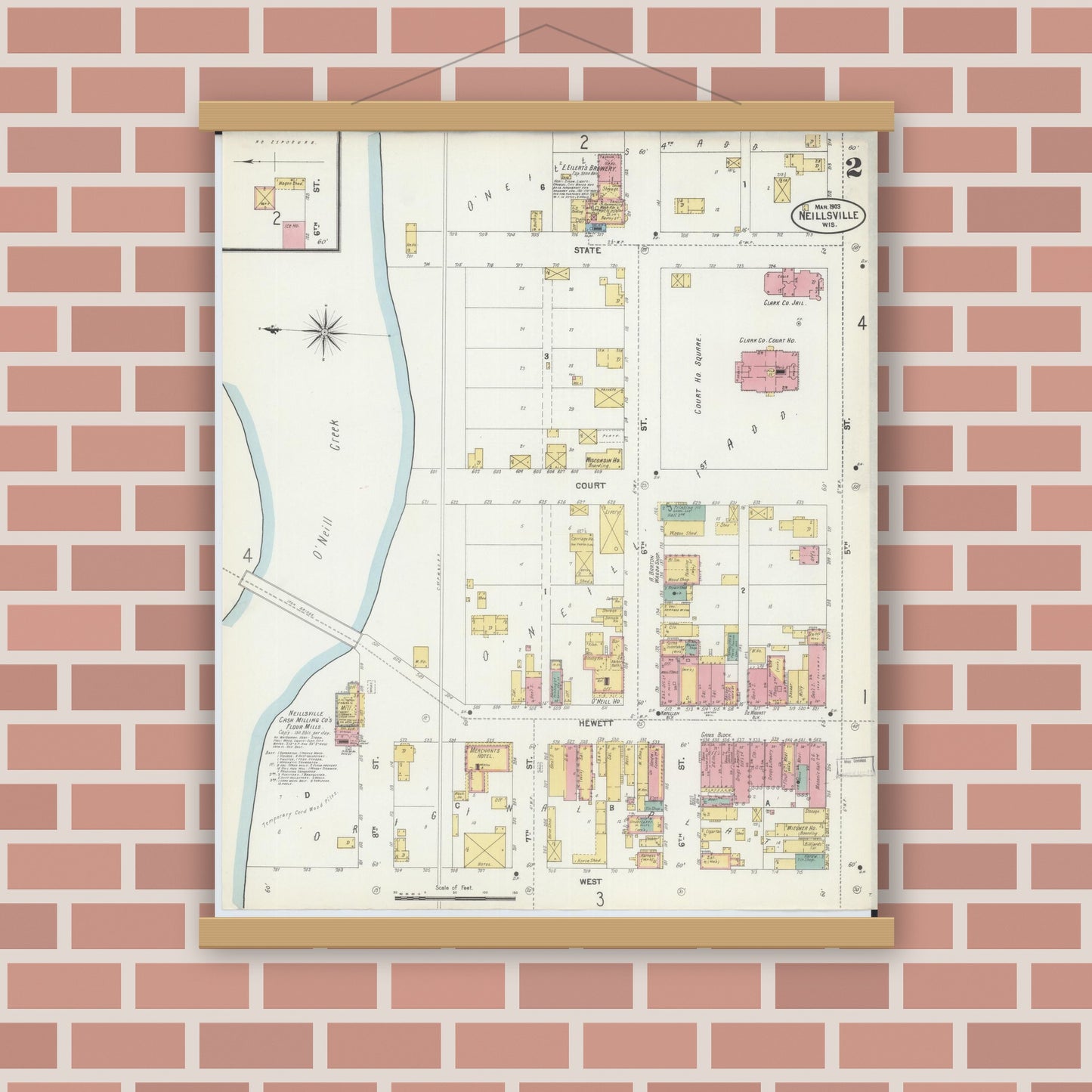Old map wall art mockup — magnetic wood frame on brick wall — Sanborn Fire Insurance Map from Neillsville, Clark County, Wisconsin (1903), Sheet #0002
