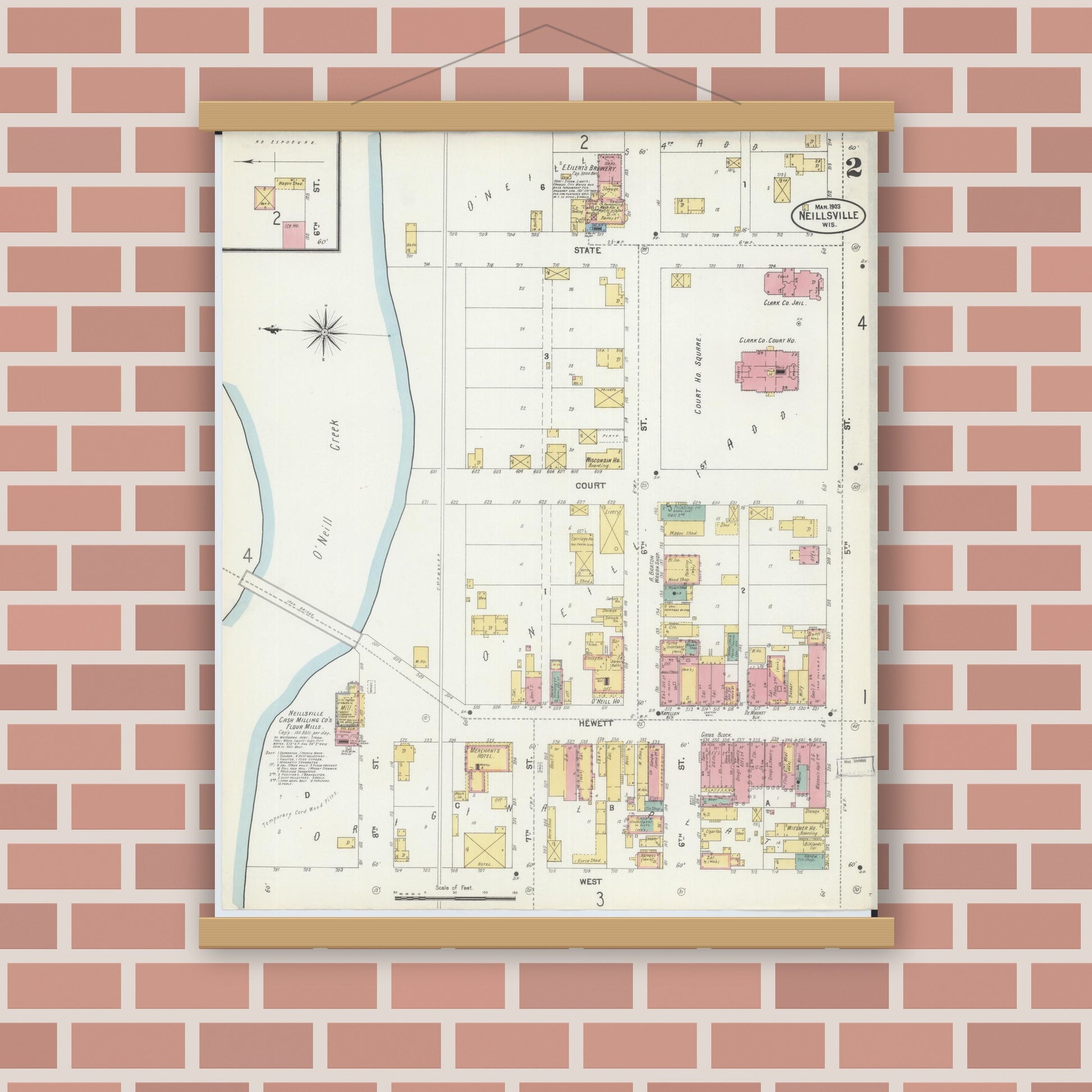 Old map wall art mockup — magnetic wood frame on brick wall — Sanborn Fire Insurance Map from Neillsville, Clark County, Wisconsin (1903), Sheet #0002
