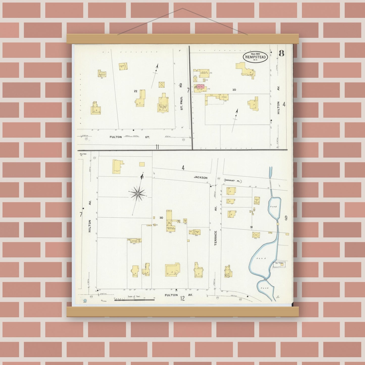 Old map wall art mockup — magnetic wood frame on brick wall — Sanborn Fire Insurance Map from Hempstead, Nassau County, New York (1909), Sheet #0008