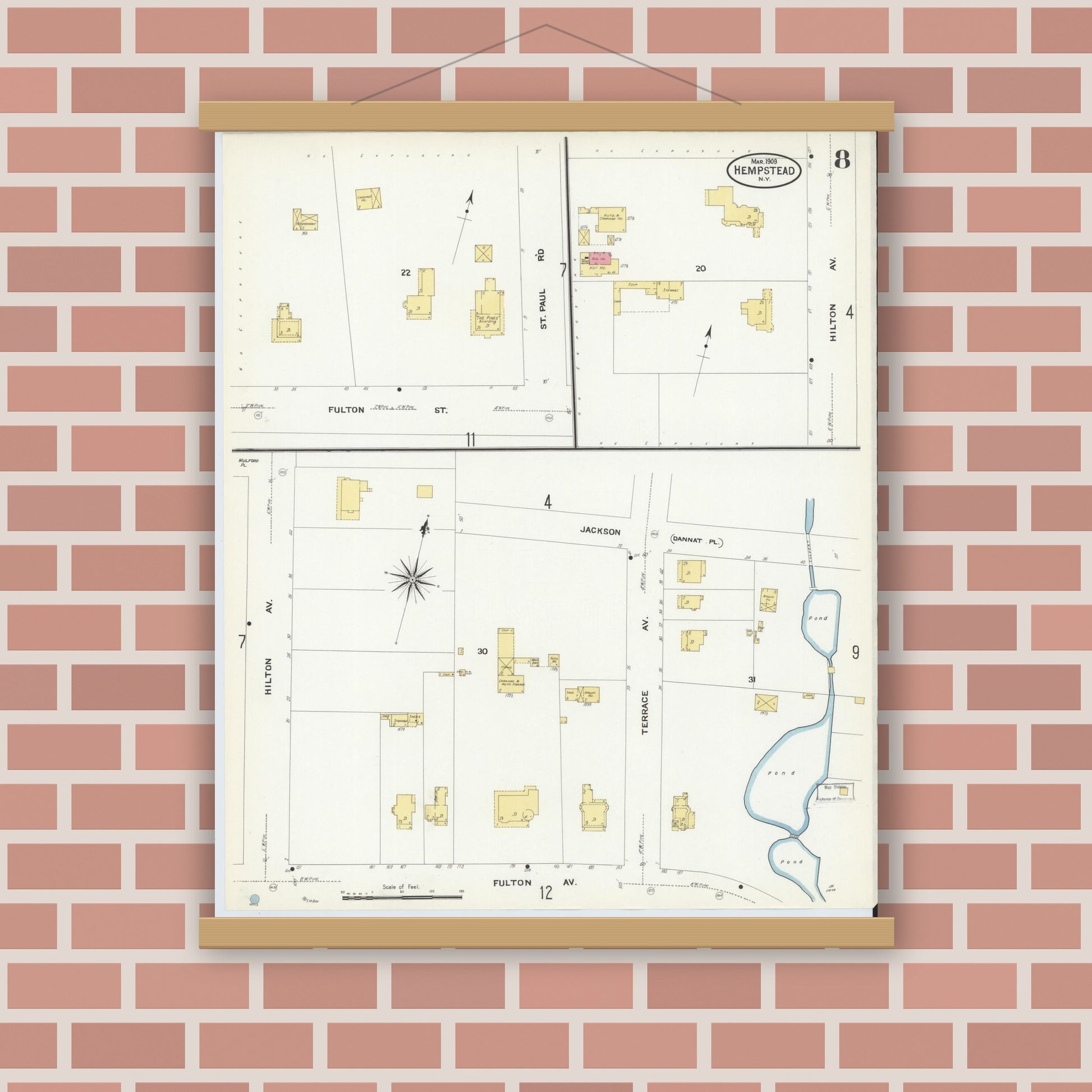 Old map wall art mockup — magnetic wood frame on brick wall — Sanborn Fire Insurance Map from Hempstead, Nassau County, New York (1909), Sheet #0008