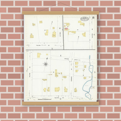 Old map wall art mockup — magnetic wood frame on brick wall — Sanborn Fire Insurance Map from Hempstead, Nassau County, New York (1909), Sheet #0008